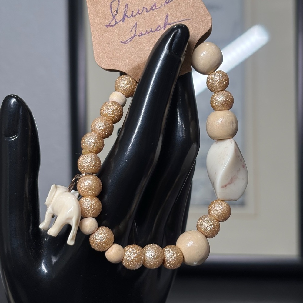 Handmade Bracelet Elephant Cream Pearl Gold Bracelet Rhinestones Sherra’s Touch